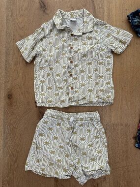 Kids Palm-Print Matching Shirt & Shorts Set in Olive on White, Hawaiian outfit
